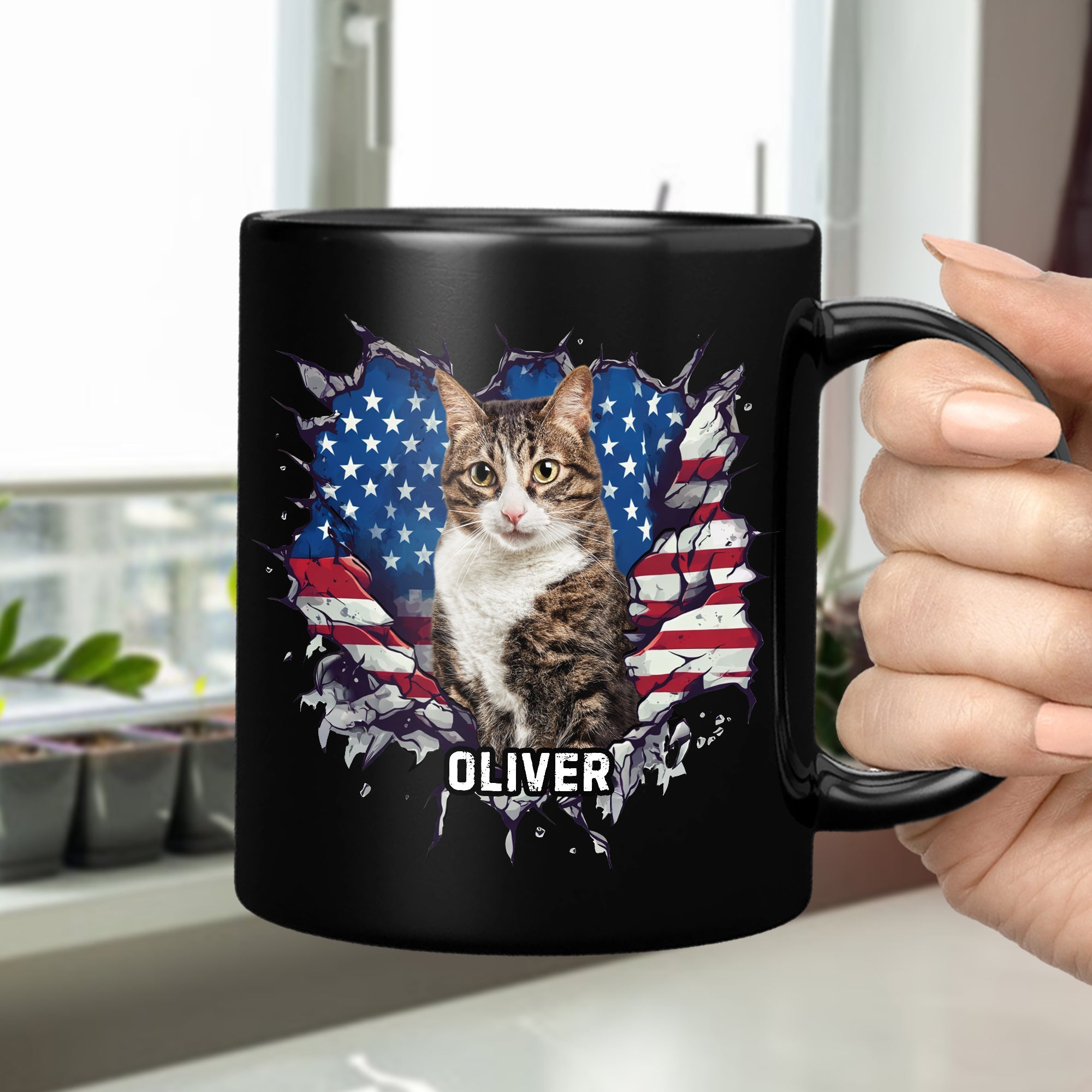 Custom Photo Dog Cat With American Flag Black Mug