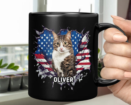 Custom Photo Dog Cat With American Flag Black Mug