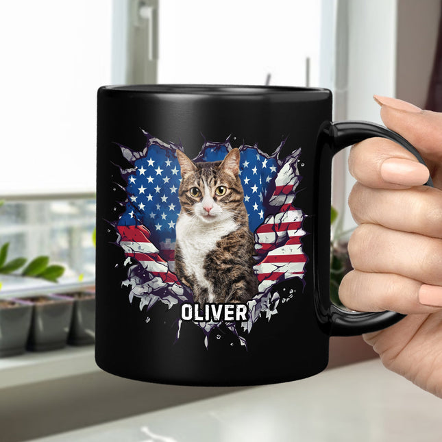 Custom Photo Dog Cat With American Flag Black Mug