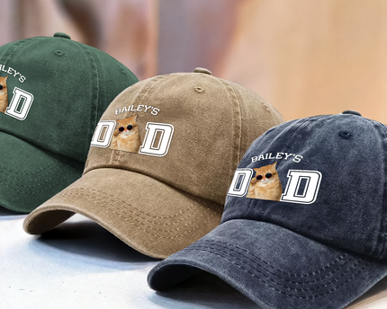 Custom Photo Dog Cat Dad Washed Denim Baseball Cap