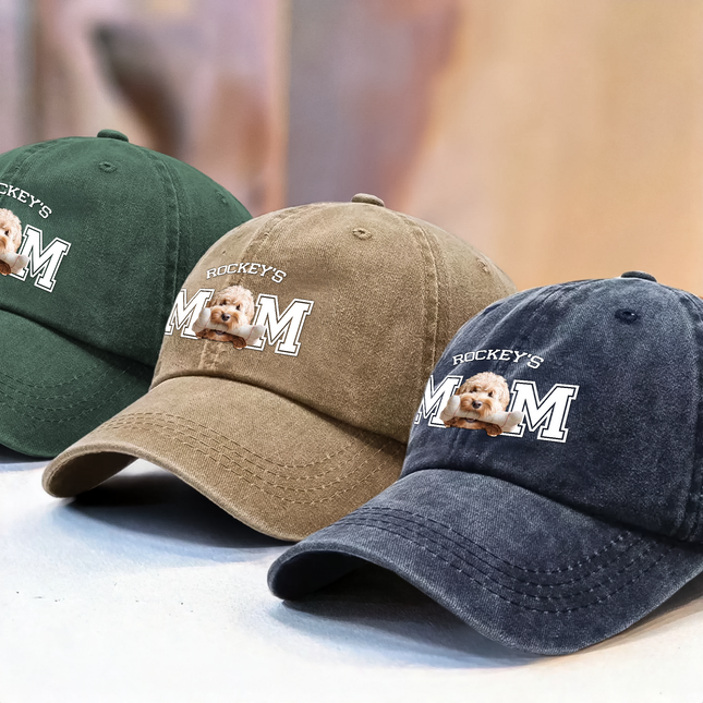 Custom Photo Dog Cat Dad Washed Denim Baseball Cap