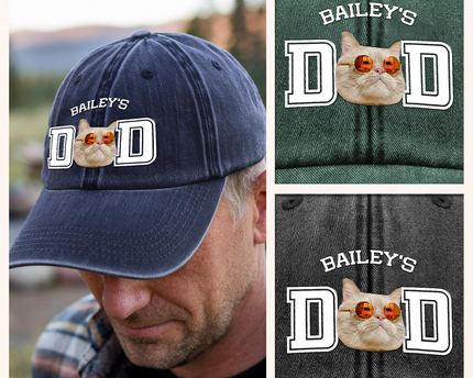 Custom Photo Dog Cat Dad Washed Denim Baseball Cap