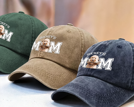 Custom Photo Dog Cat Dad Washed Denim Baseball Cap