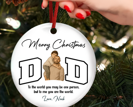 Custom Portrait Photo Merry Christmas Dad Kid Play Together Ceramic Ornament
