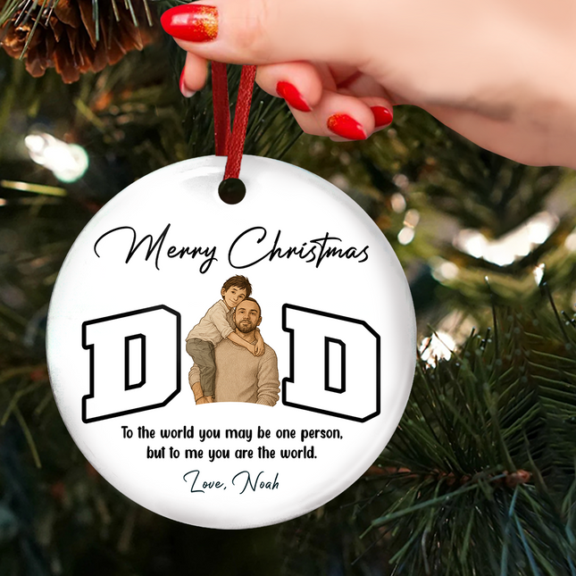 Custom Portrait Photo Merry Christmas Dad Kid Play Together Ceramic Ornament