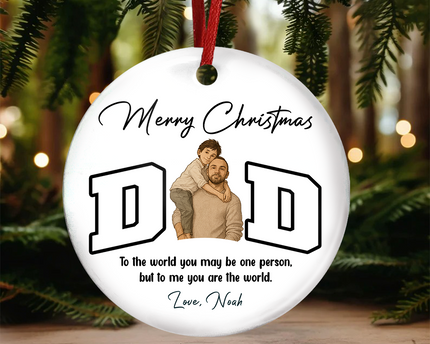 Custom Portrait Photo Merry Christmas Dad Kid Play Together Ceramic Ornament