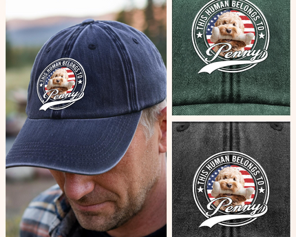 Custom Photo Human Belongs To Dog Cat Pet Washed Denim Baseball Cap