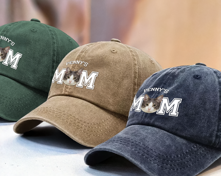 Custom Photo Dog Cat Dad Washed Denim Baseball Cap