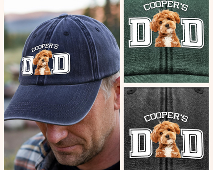 Custom Photo Dog Cat Dad Washed Denim Baseball Cap