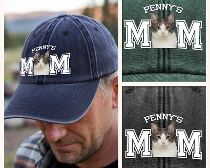 Custom Photo Dog Cat Dad Washed Denim Baseball Cap