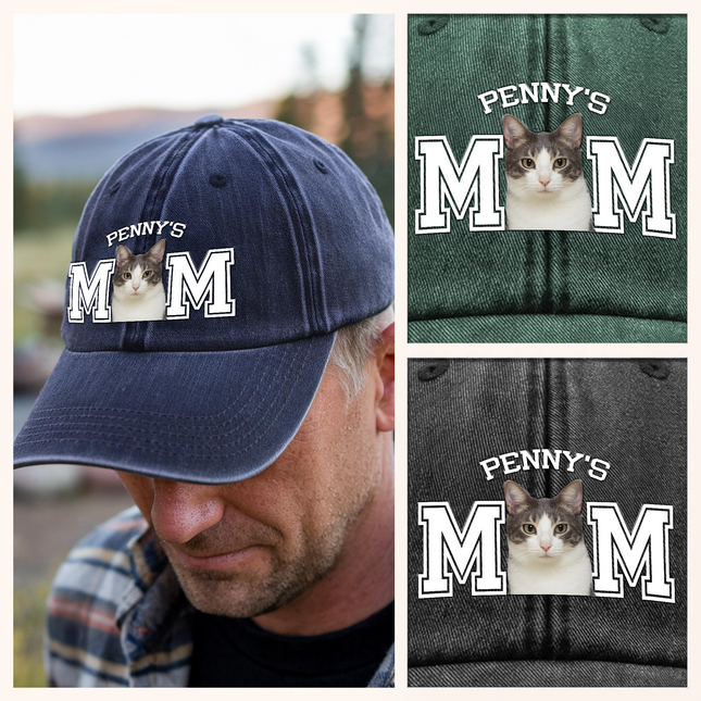 Custom Photo Dog Cat Dad Washed Denim Baseball Cap