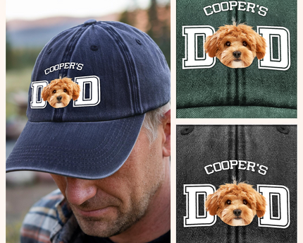 Custom Photo Dog Cat Dad Washed Denim Baseball Cap