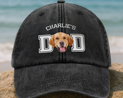 Custom Photo Dog Cat Dad Washed Denim Baseball Cap
