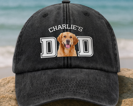 Custom Photo Dog Cat Dad Washed Denim Baseball Cap