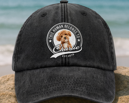 Custom Photo Human Belongs To Dog Cat Pet Washed Denim Baseball Cap