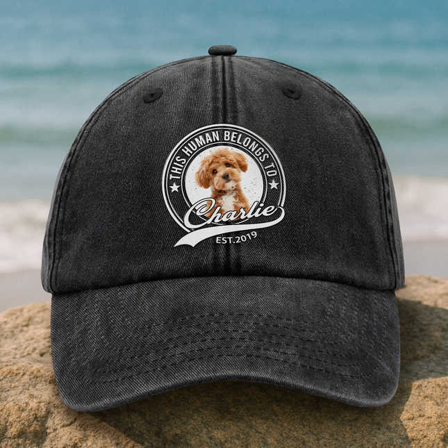Custom Photo Human Belongs To Dog Cat Pet Washed Denim Baseball Cap