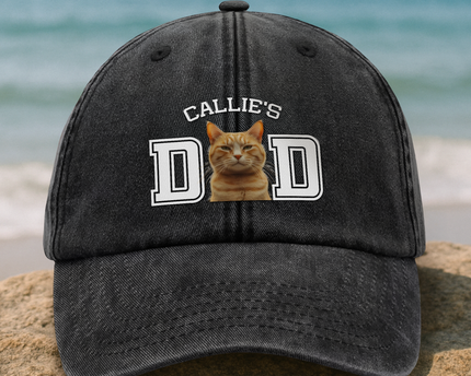Custom Photo Dog Cat Dad Washed Denim Baseball Cap