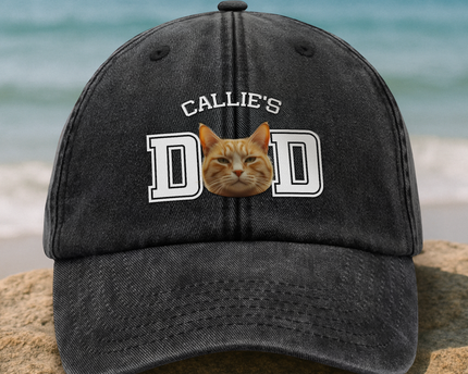 Custom Photo Dog Cat Dad Washed Denim Baseball Cap