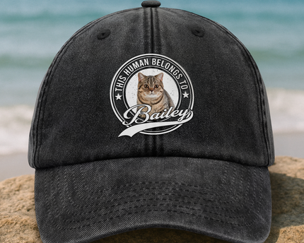 Custom Photo Human Belongs To Dog Cat Pet Washed Denim Baseball Cap