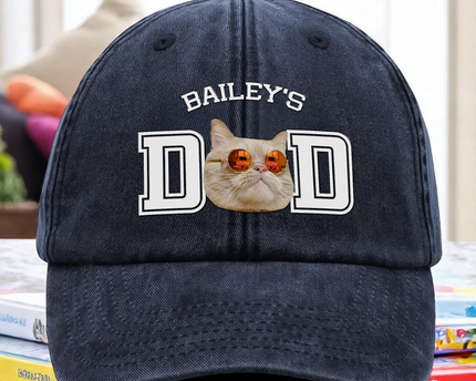 Custom Photo Dog Cat Dad Washed Denim Baseball Cap