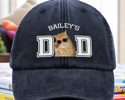 Custom Photo Dog Cat Dad Washed Denim Baseball Cap