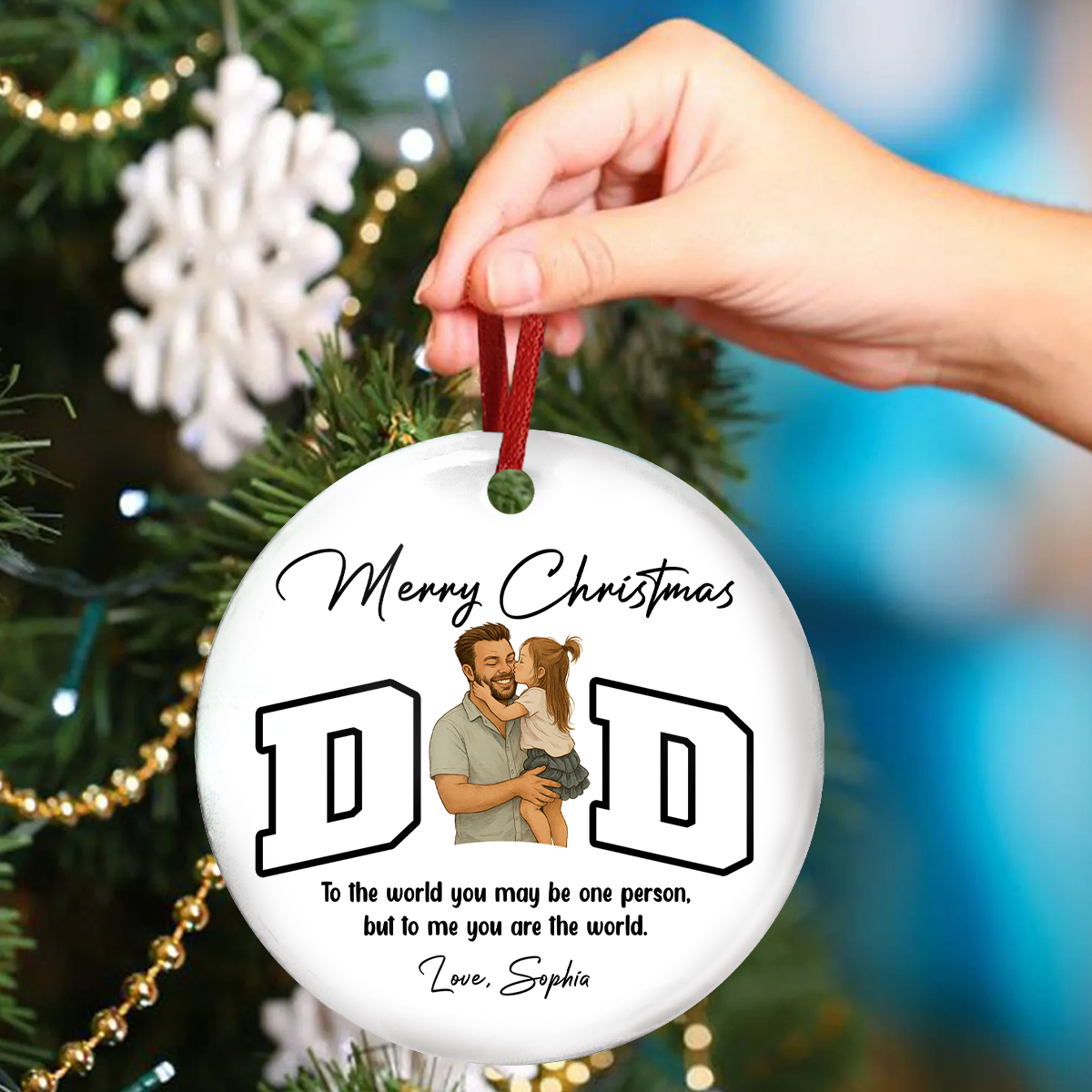 Custom Portrait Photo Merry Christmas Dad Kid Play Together Ceramic Ornament