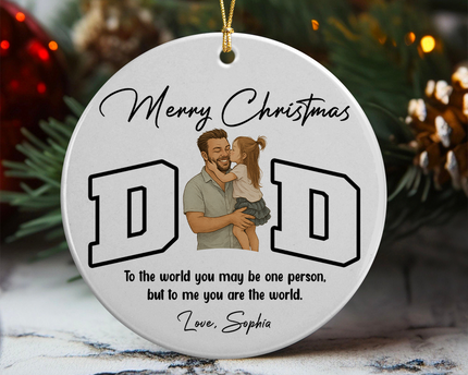 Custom Portrait Photo Merry Christmas Dad Kid Play Together Ceramic Ornament