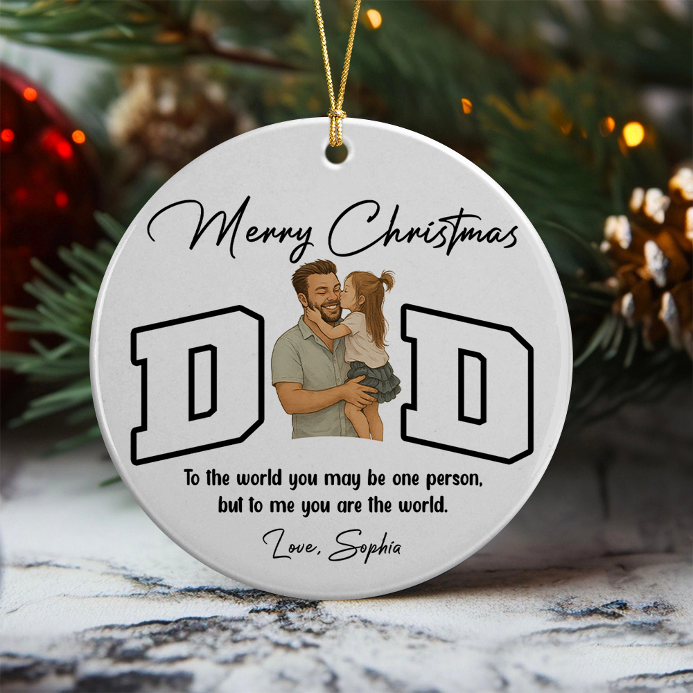 Custom Portrait Photo Merry Christmas Dad Kid Play Together Ceramic Ornament