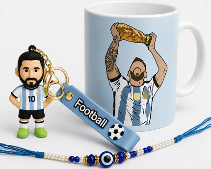 Lionel Messi Trophy Caricatue Coffee White Ceramic Mug with Silicon Football Keychain