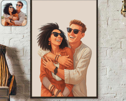 Custom Couple Portrait Photo With Drawing Style Poster Picture Frame