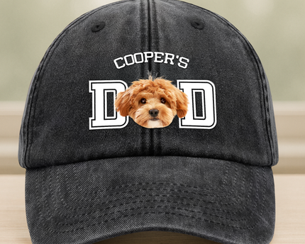 Custom Photo Dog Cat Dad Washed Denim Baseball Cap