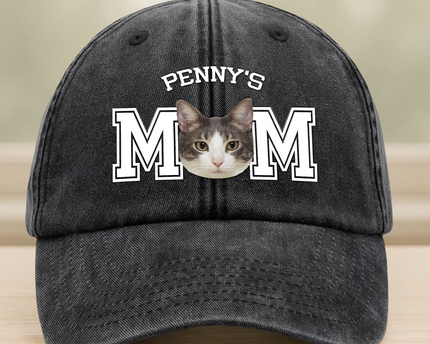 Custom Photo Dog Cat Dad Washed Denim Baseball Cap