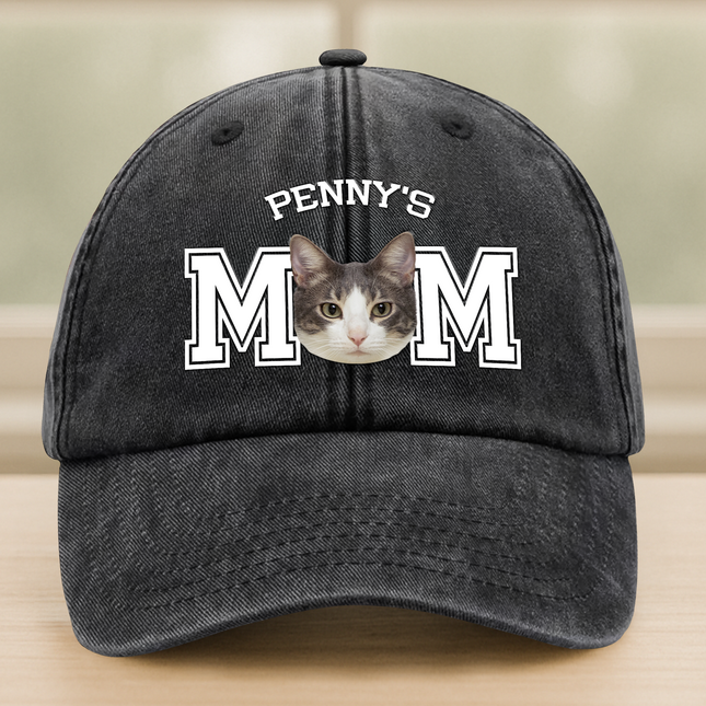 Custom Photo Dog Cat Dad Washed Denim Baseball Cap