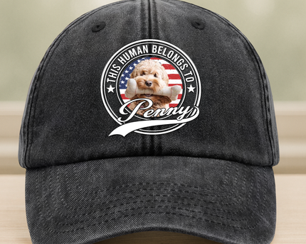 Custom Photo Human Belongs To Dog Cat Pet Washed Denim Baseball Cap