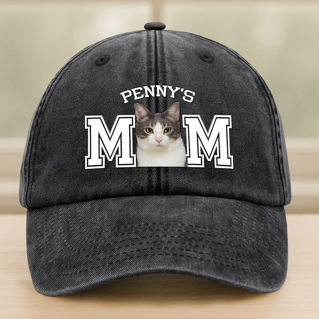 Custom Photo Dog Cat Dad Washed Denim Baseball Cap