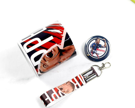 Kylian Mbappe Football Coffee Mug Keychain and Badge