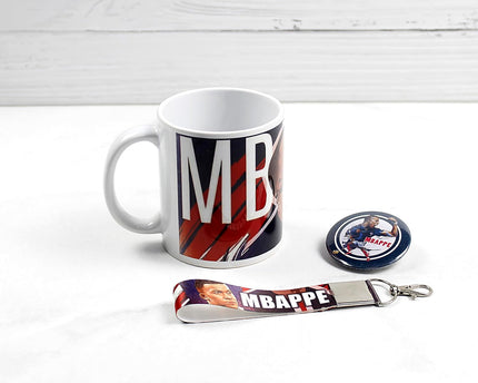 Kylian Mbappe Football Coffee Mug Keychain and Badge