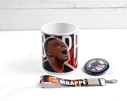Kylian Mbappe Football Coffee Mug Keychain and Badge
