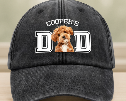 Custom Photo Dog Cat Dad Washed Denim Baseball Cap