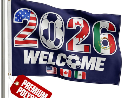 2026 World Cup Welcome Flag Double Sided Printed Outdoor Flags with USA, Canada & Mexico Design