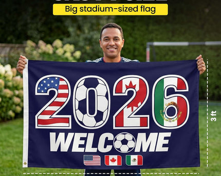 2026 World Cup Welcome Flag Double Sided Printed Outdoor Flags with USA, Canada & Mexico Design