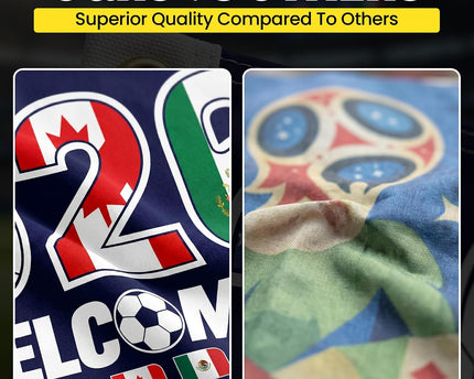 2026 World Cup Welcome Flag Double Sided Printed Outdoor Flags with USA, Canada & Mexico Design
