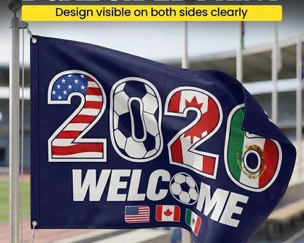 2026 World Cup Welcome Flag Double Sided Printed Outdoor Flags with USA, Canada & Mexico Design