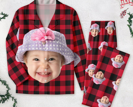 Custom Photo Portrait Face With Christmas Accessories Flannel Pajamas