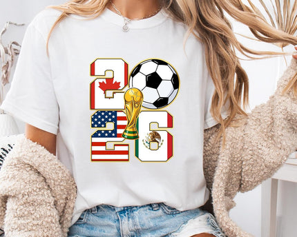 2026 World Cup Soccer Trophy Flag Graphic Tee for Women Host Nation Football Fan Shirt Match Day Gift Tournament
