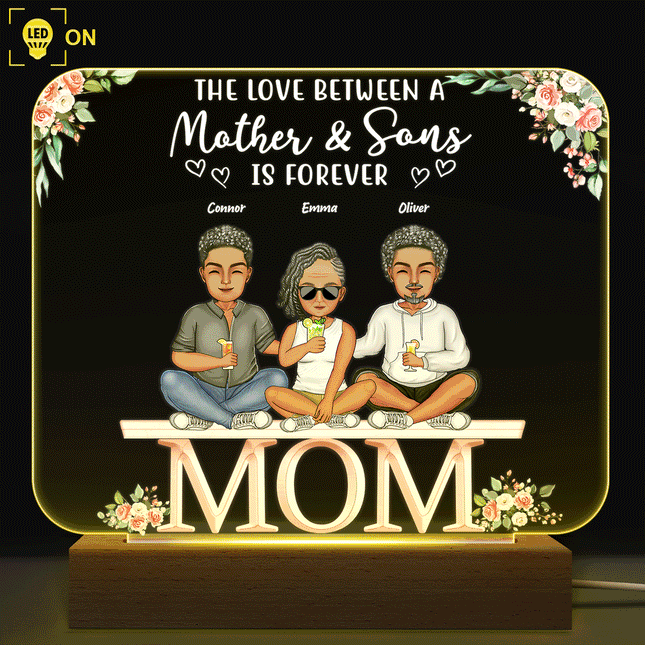 Mother And Daughters Sons Children From The Start - Personalized Custom 3D Led Light Wooden Base
