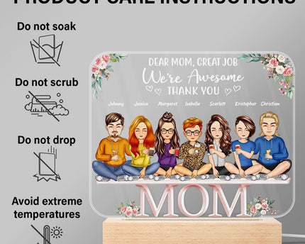 Mother And Daughters Sons Children From The Start - Personalized Custom 3D Led Light Wooden Base