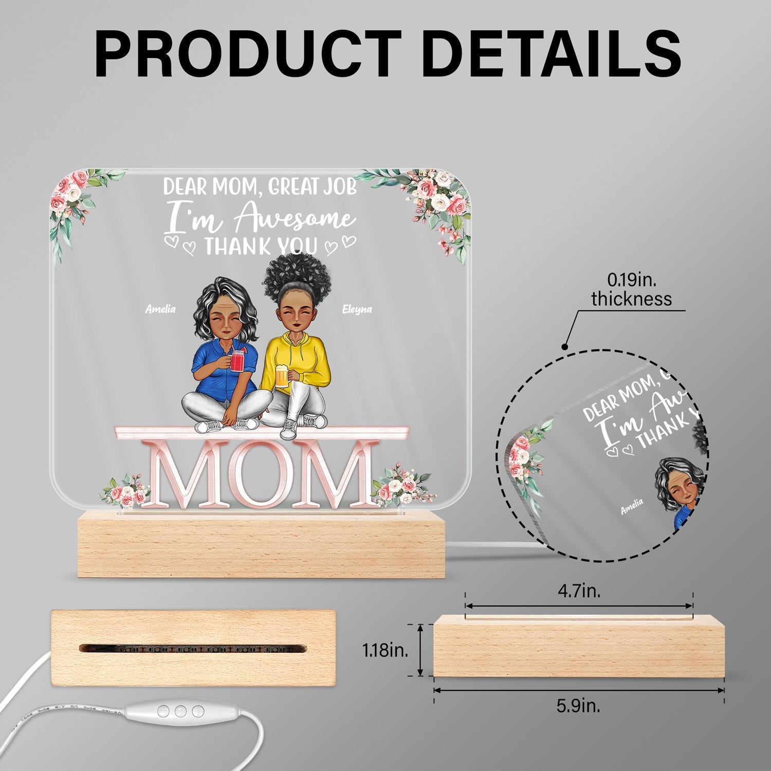 Mother And Daughters Sons Children From The Start - Personalized Custom 3D Led Light Wooden Base