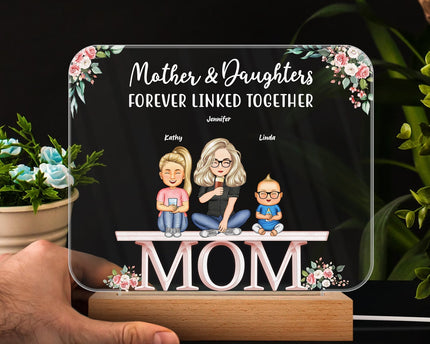 Mother And Daughters Sons Children From The Start - Personalized Custom 3D Led Light Wooden Base