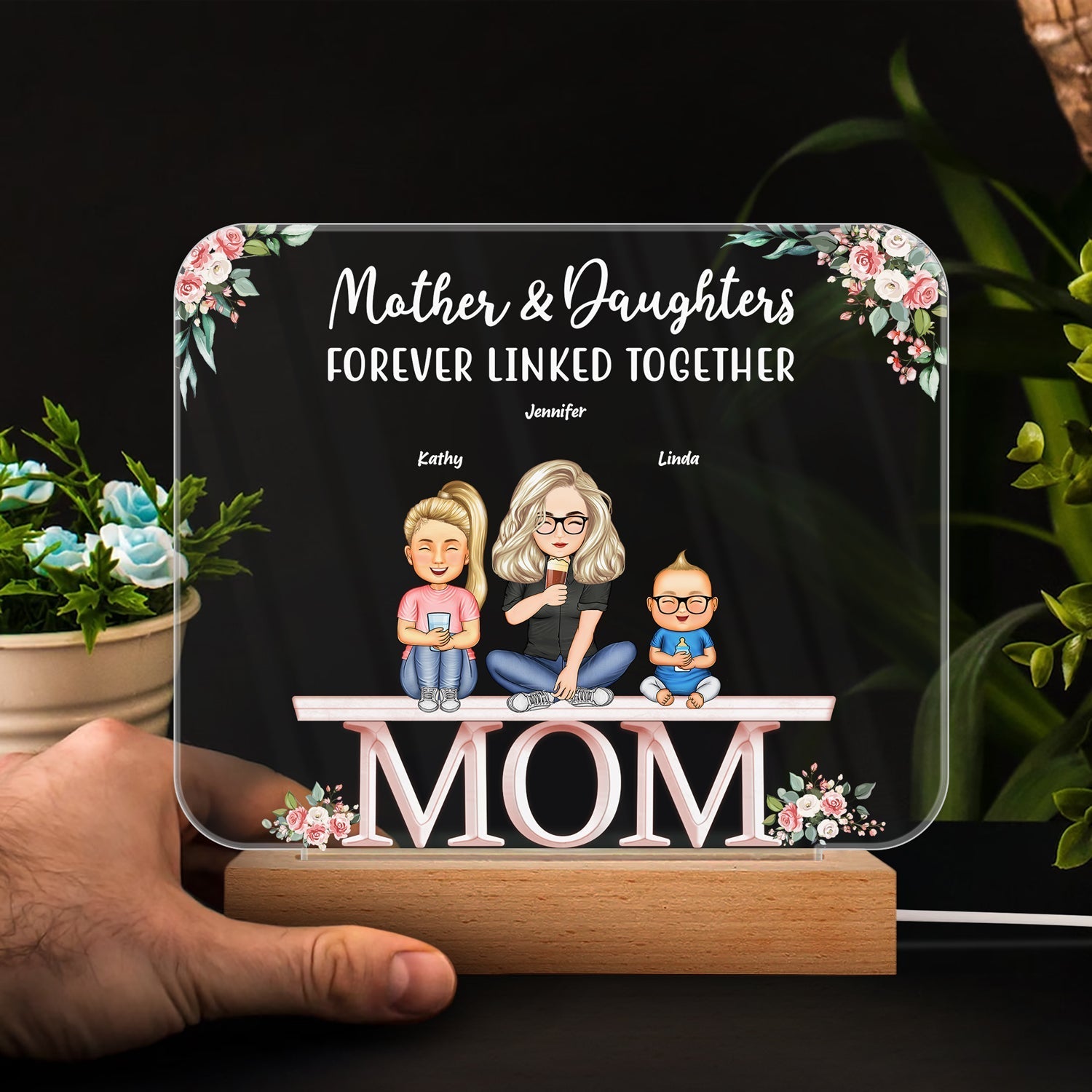 Mother And Daughters Sons Children From The Start - Personalized Custom 3D Led Light Wooden Base